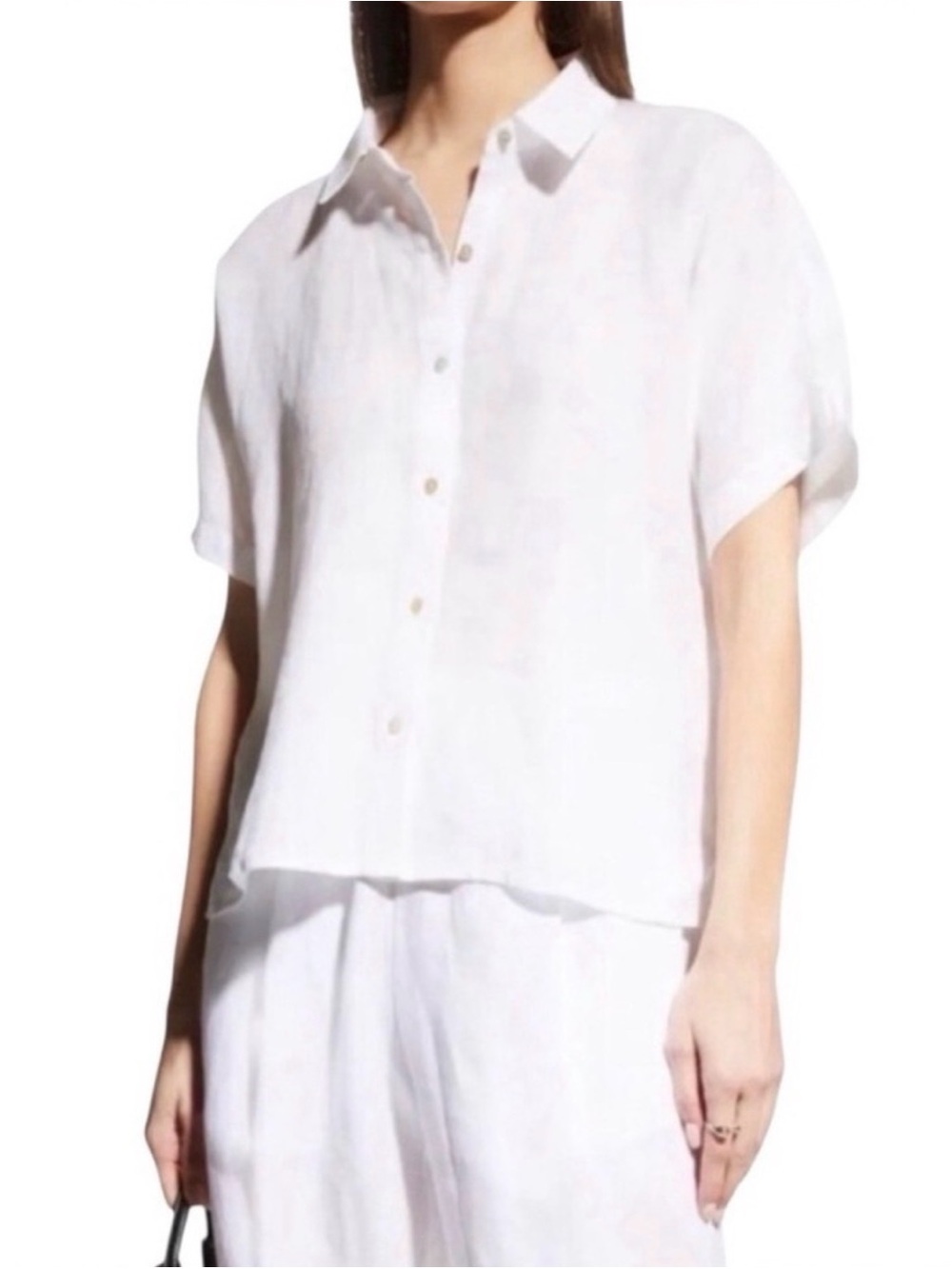 Rachel Roy Blouse Top Button 100% Linen M Beach Resort White Short Sleeve
